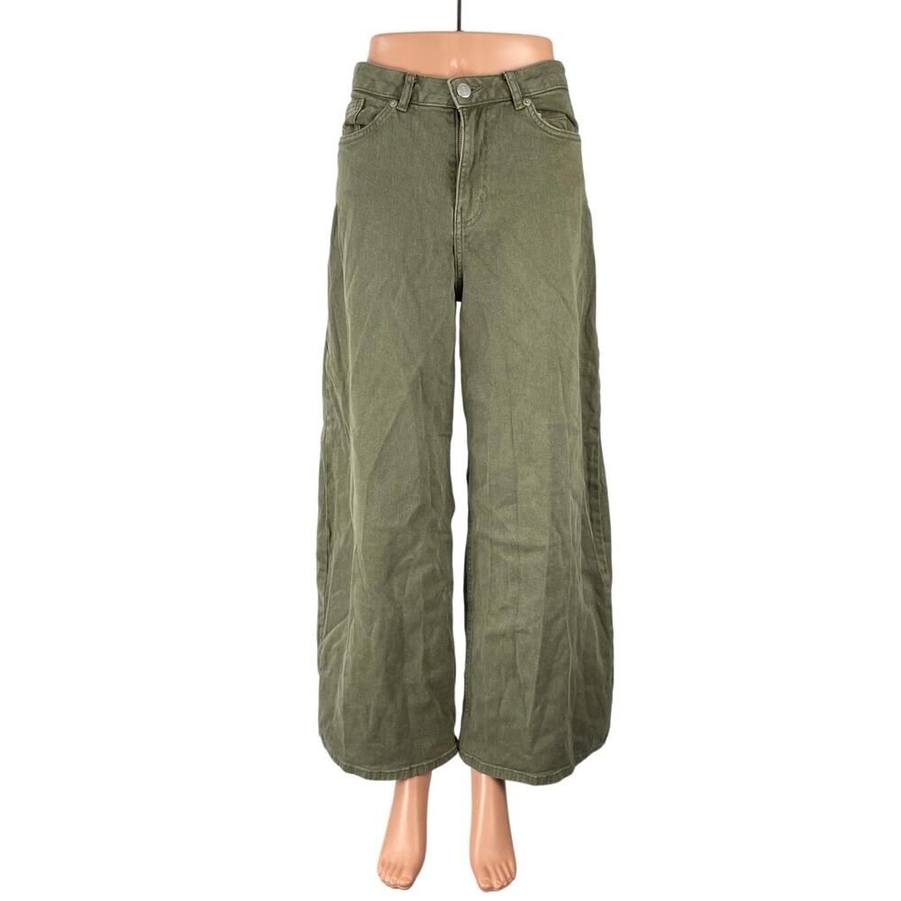 MONKI Women's Green High Waisted Wide Leg Palazzo Baggy Denim Jeans Size 34
